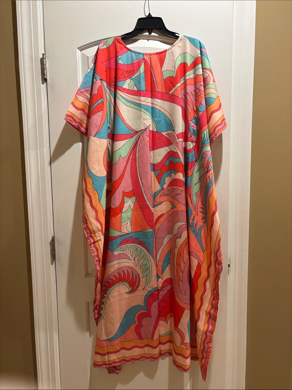 Style Stone Vibrant Abstract Print Kaftan Long Dress- Coral, Teal, Peach Small